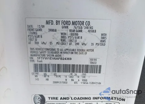 2010 Ford F-150 Fx4/Harley-Davidson/King Ranch/Lariat/Platinum/Xl/Xlt from USA, damaged, VIN 1FTFW1EV6AFB24369